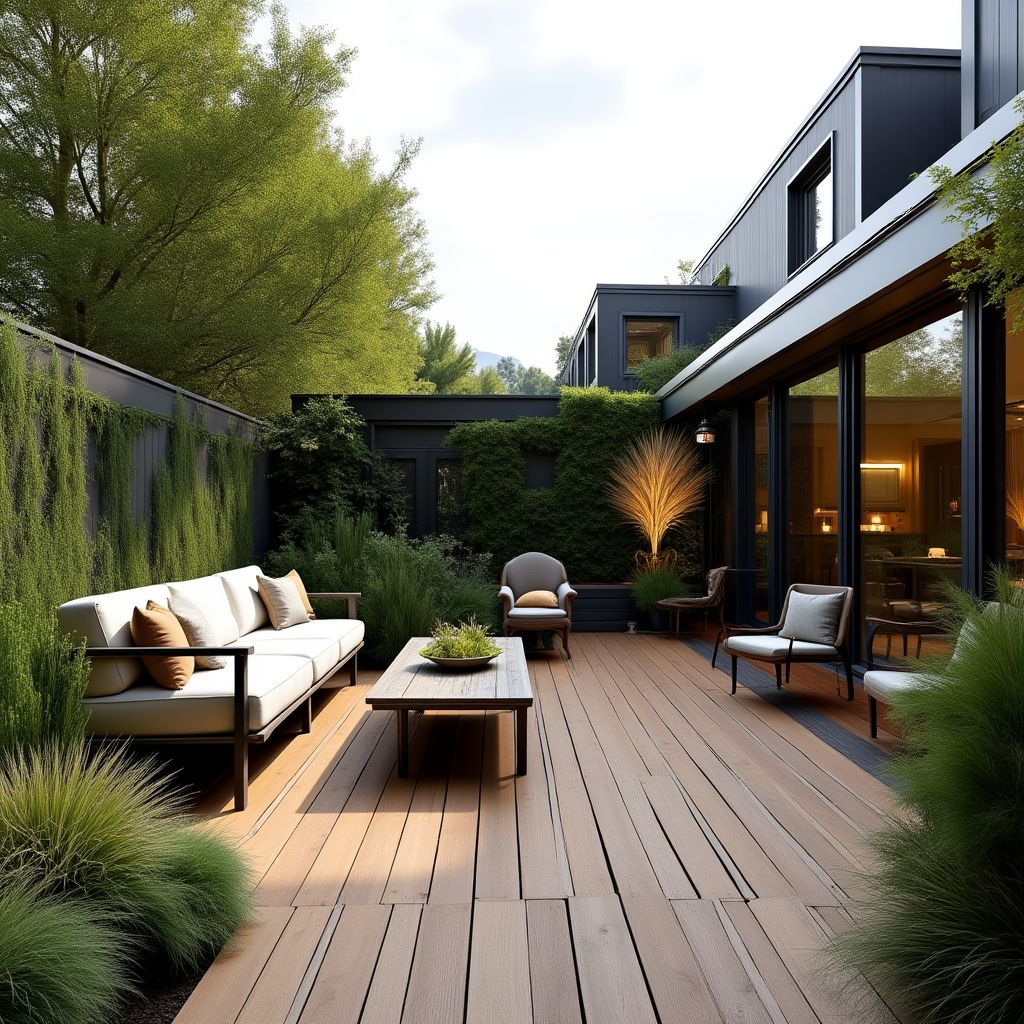 Jardin contemporain avec terrasse en bois et plantes modernes