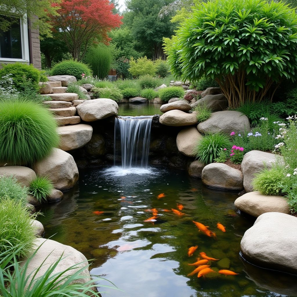 Jardin d'eau avec cascade et plantes aquatiques