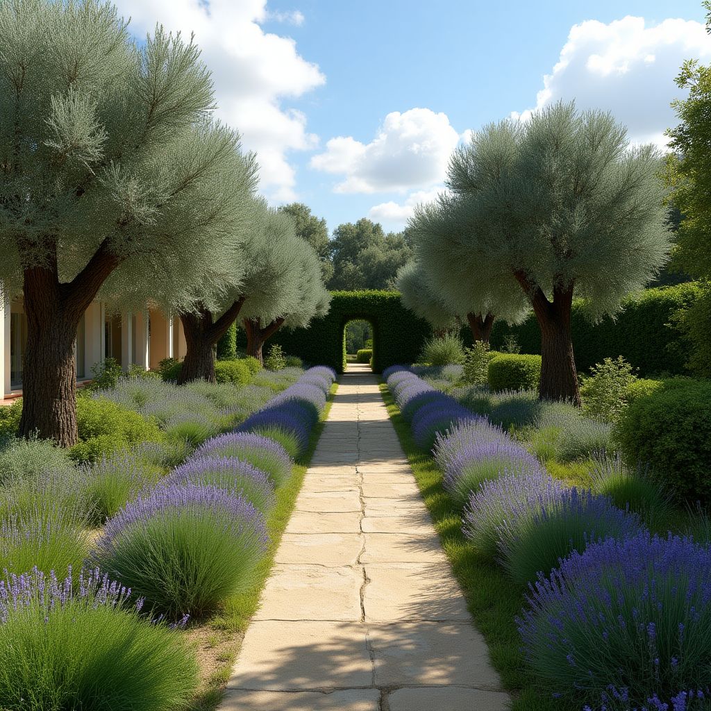 Jardin méditerranéen avec oliviers et plantes résistantes à la sécheresse
