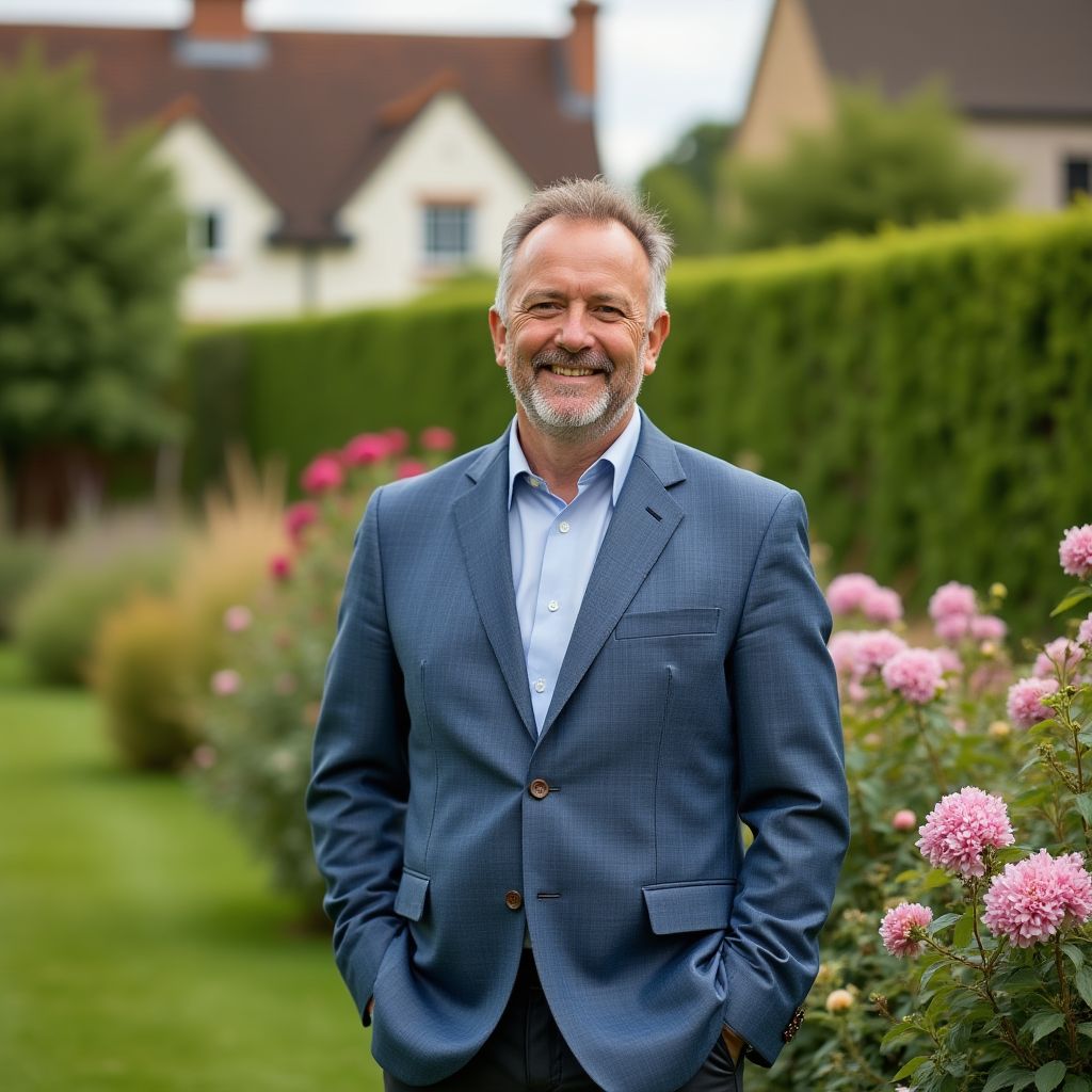 Portrait d'un client satisfait devant son jardin rénové