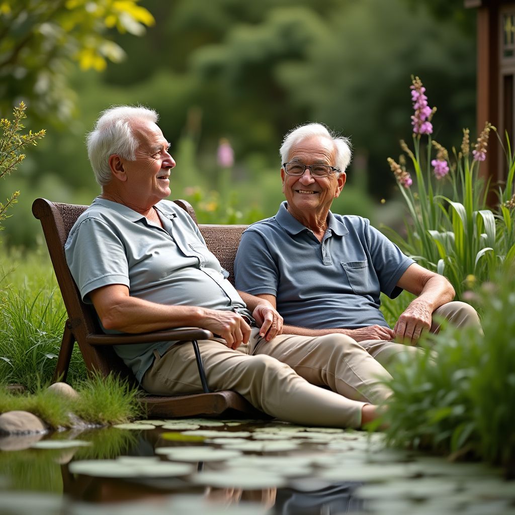 Portrait d'un couple de retraités dans leur jardin écologique